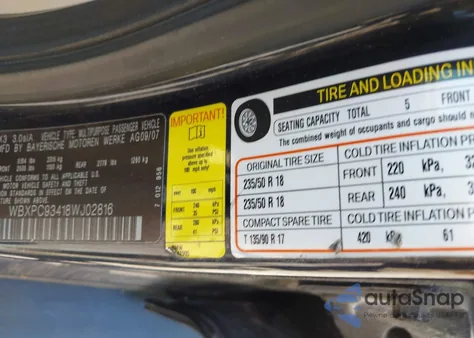 2008 BMW X3 3.0Si from USA, damaged, VIN WBXPC93418WJ02816